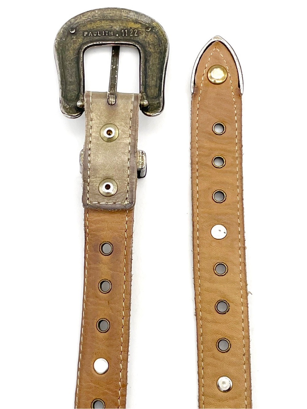 Vintage Western Leather Belt Taupe Tan Studded Floral Engraved Buckle Size XL - Picture 7 of 9